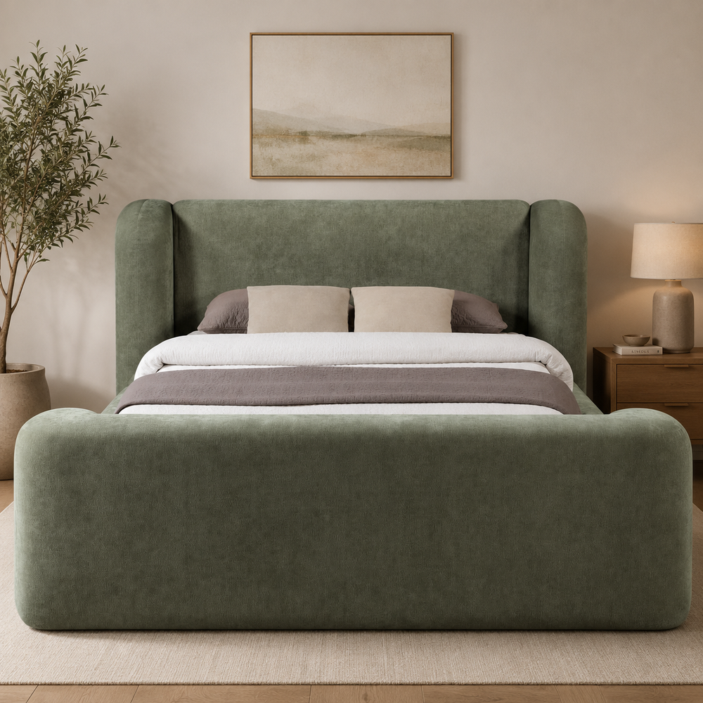Luxury olive green upholstered teak wood bed