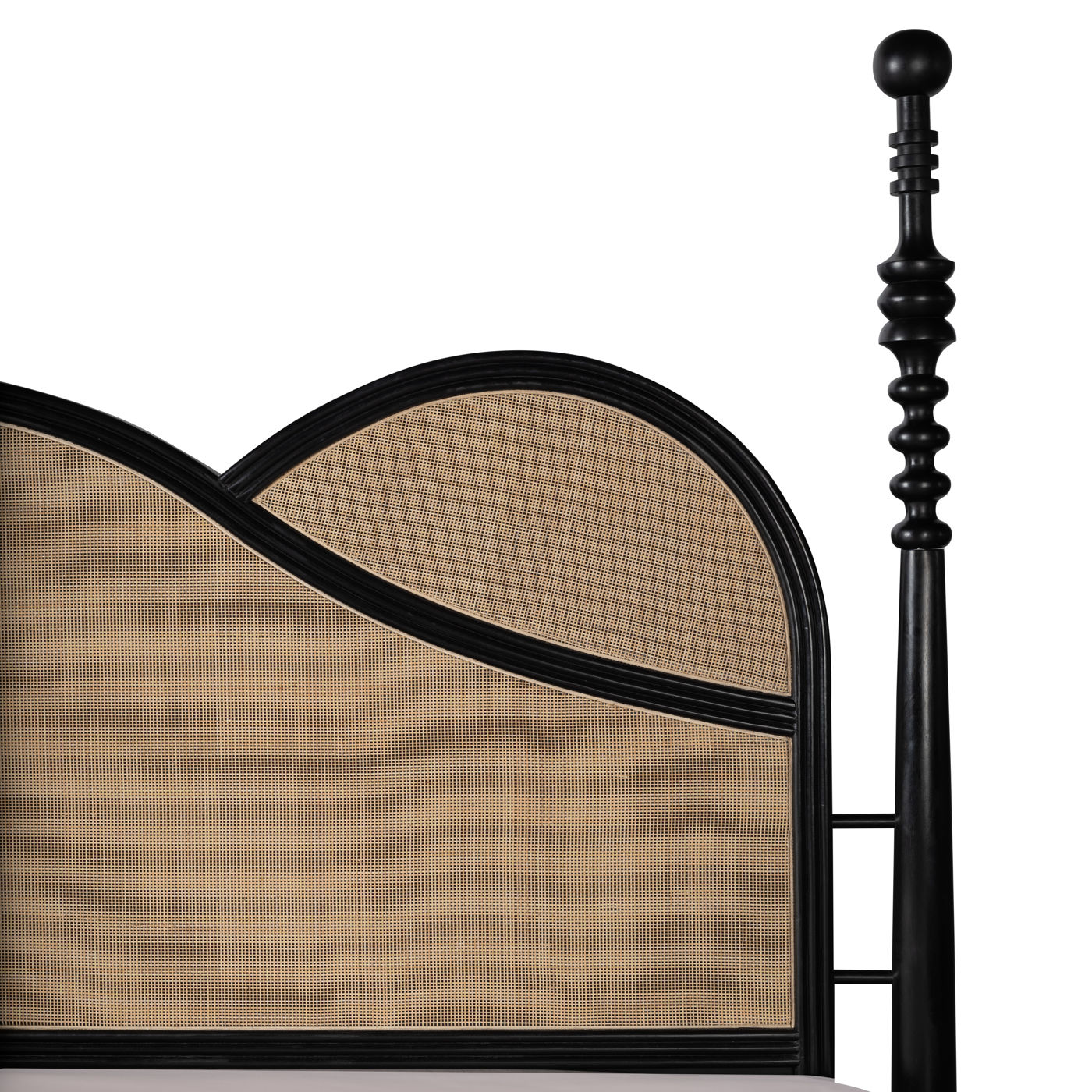 Modern solid teak wood bed with natural cane panels and sculptural design