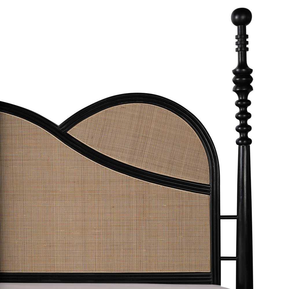 Modern solid teak wood bed with natural cane panels and sculptural design