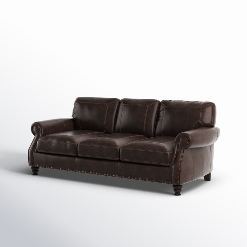 Elegant three seater teak wood leather couch
