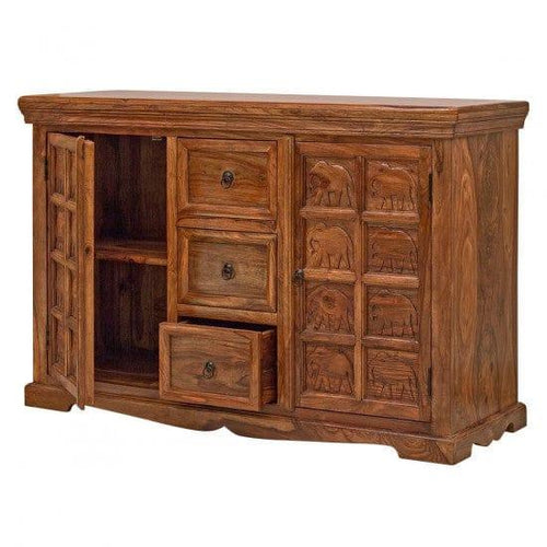 Rustic Sheesham wood storage cabinet with drawers and doors

