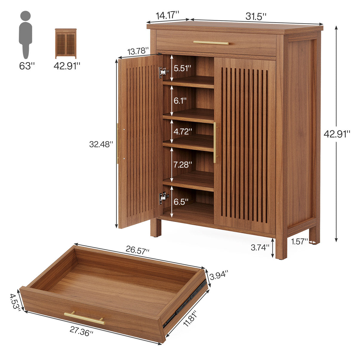 Modern teak wood entryway shoe storage cabinet