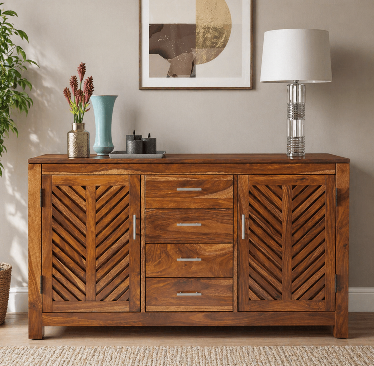 Solid wood sideboard cabinet with chevron doors and drawers