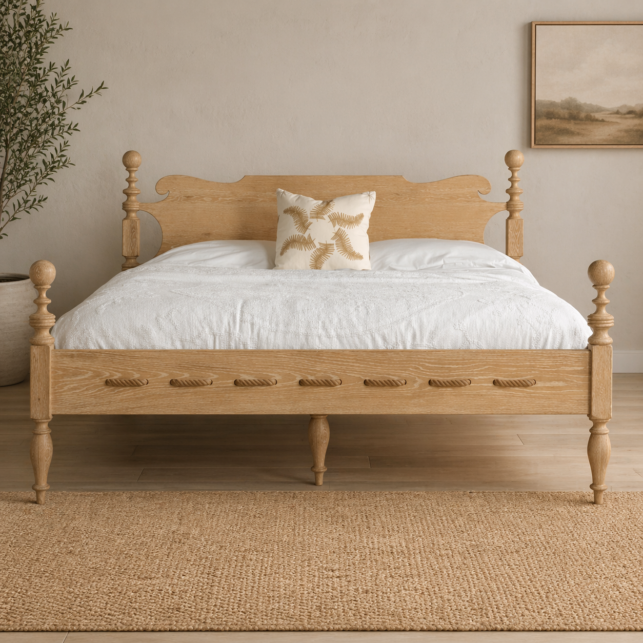 Solid wood spindle bed frame with natural oak finish