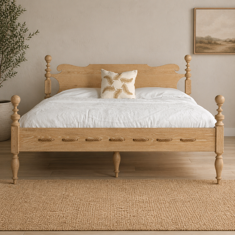 Solid wood spindle bed frame with natural oak finish