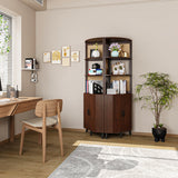 Space-saving teak wood corner storage unit with display shelves