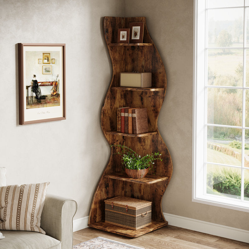 Rustic teak wood corner storage shelf for living room