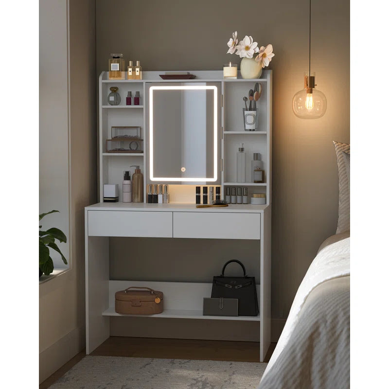 elegant white vanity with shelves and drawers