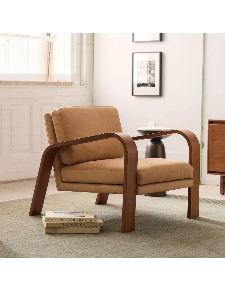 Contemporary upholstered lounge chair with wooden frame