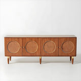 Walnut wood sideboard cabinet with circular cane panels