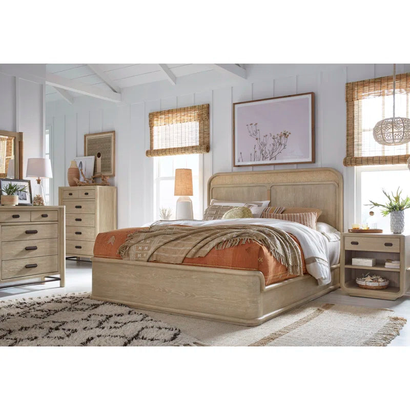 natural wood platform bed with soft backrest