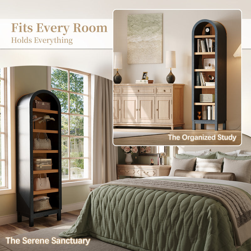 Modern open bookshelf with black frame and teak finish