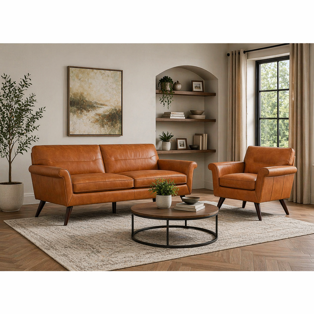 Tan leather sofa set with teak wood frame