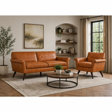 Tan leather sofa set with teak wood frame