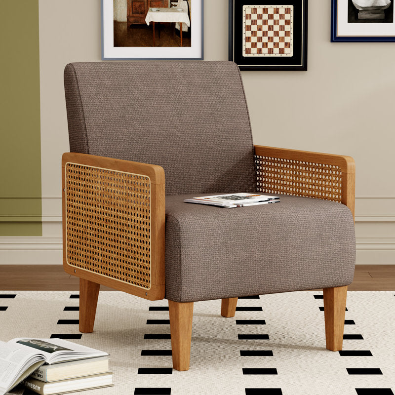 Handmade teak wood lounge chair with natural cane side panels