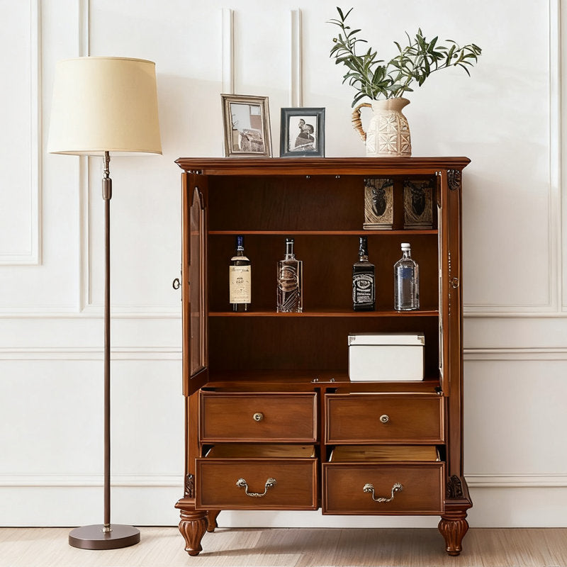 Vintage style teak wood cabinet with glass front doors