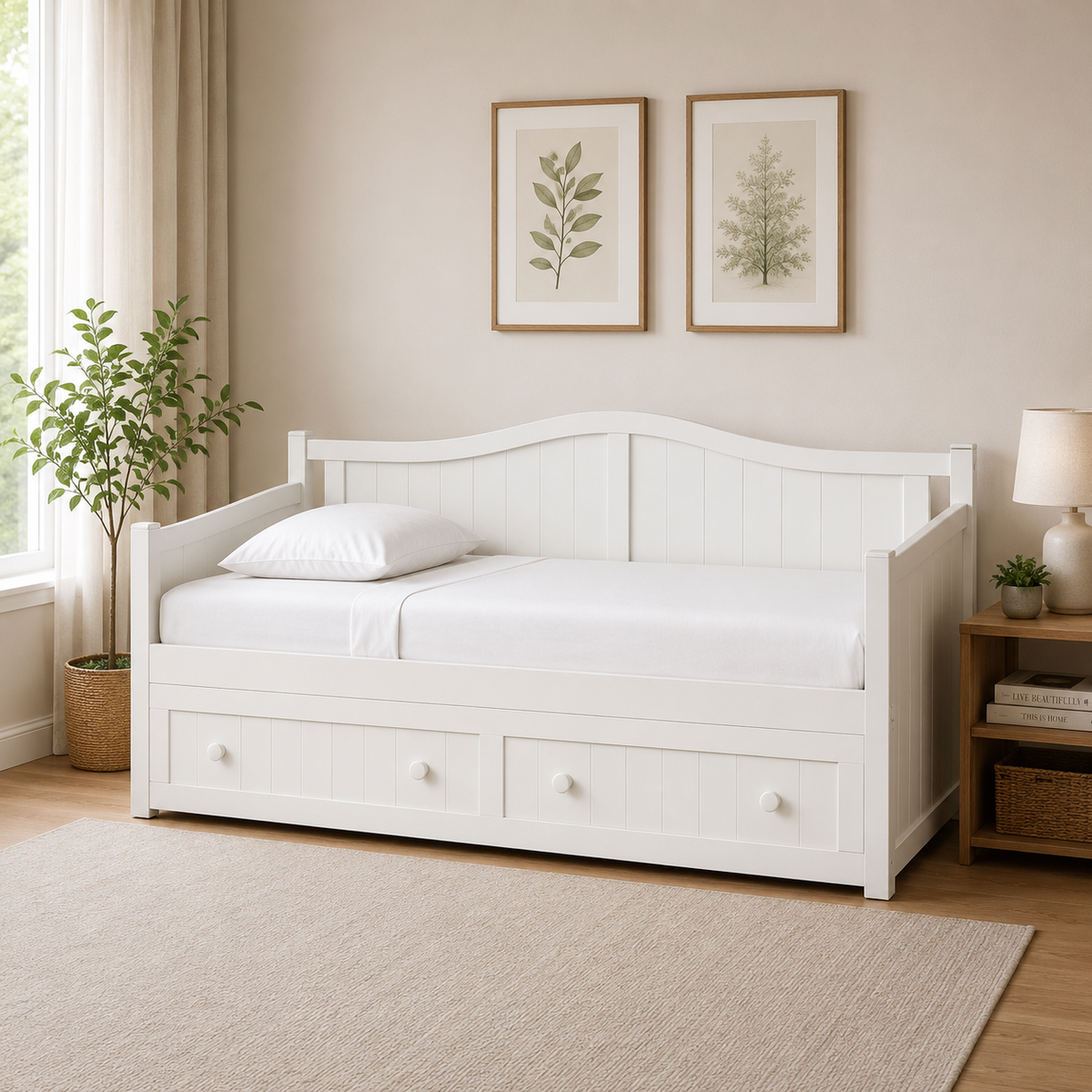White teak wood daybed with storage drawers.