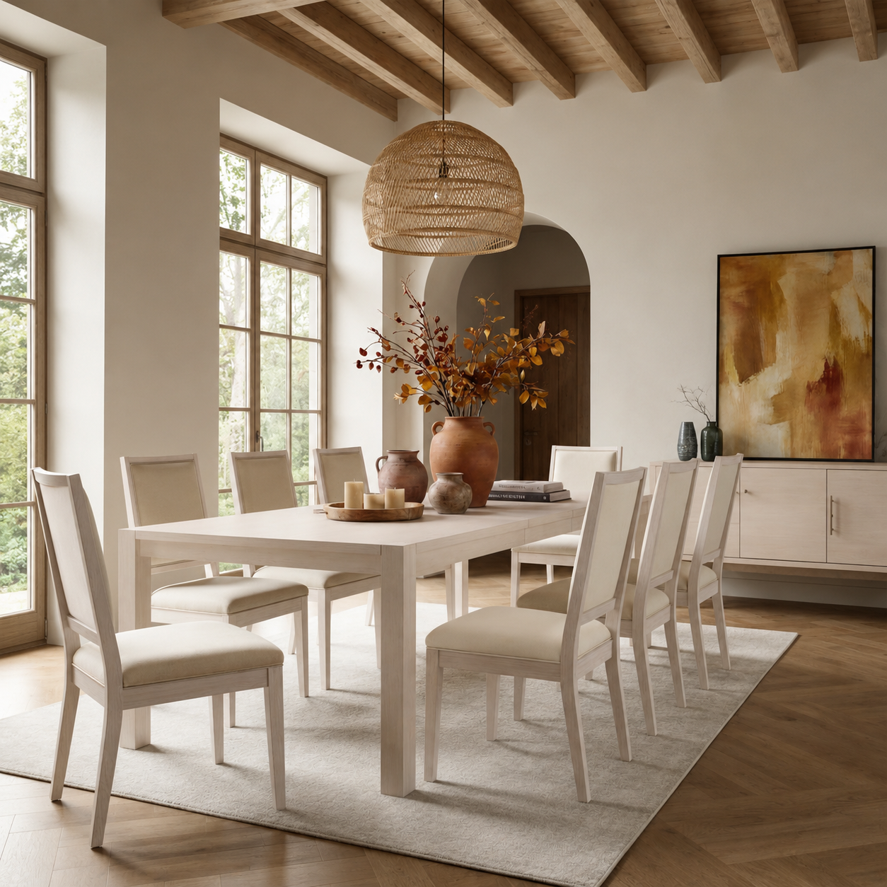 Solid teak wood 8-seater dining table set with upholstered chairs