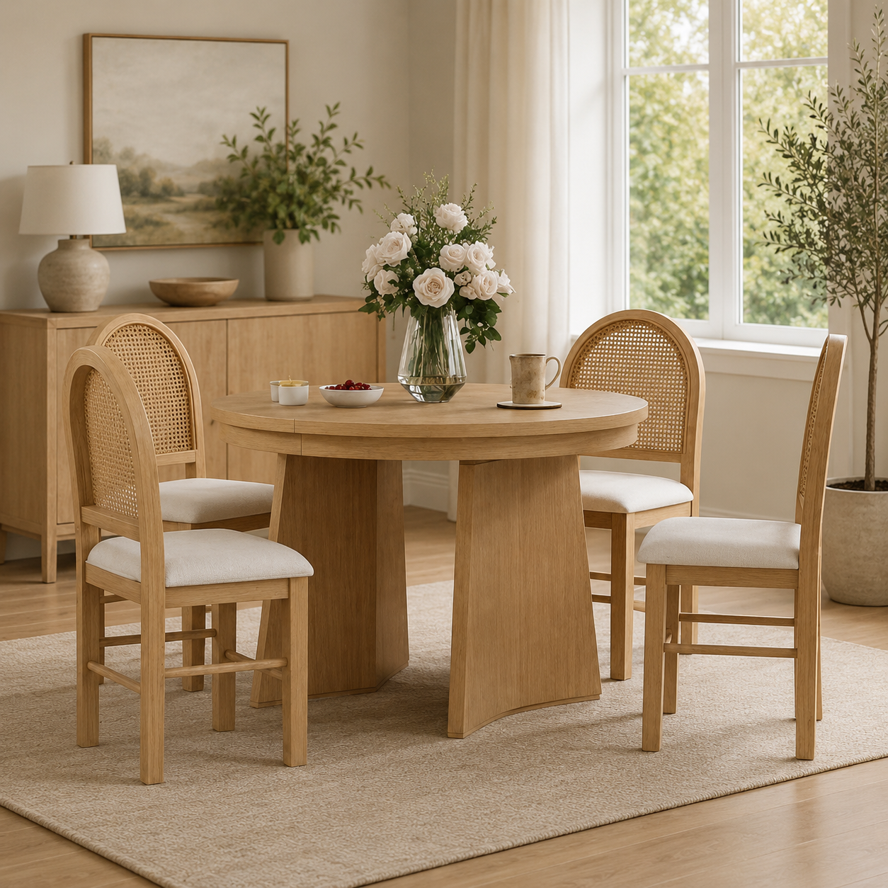 Round teak wood dining table set with cane chairs