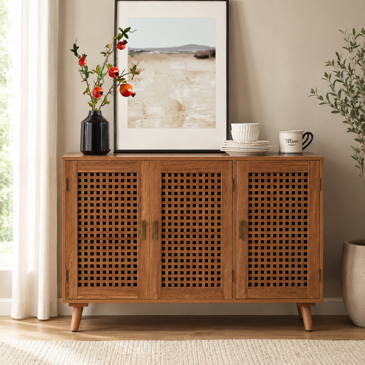 Teak wood cane sideboard cabinet with mid-century modern design