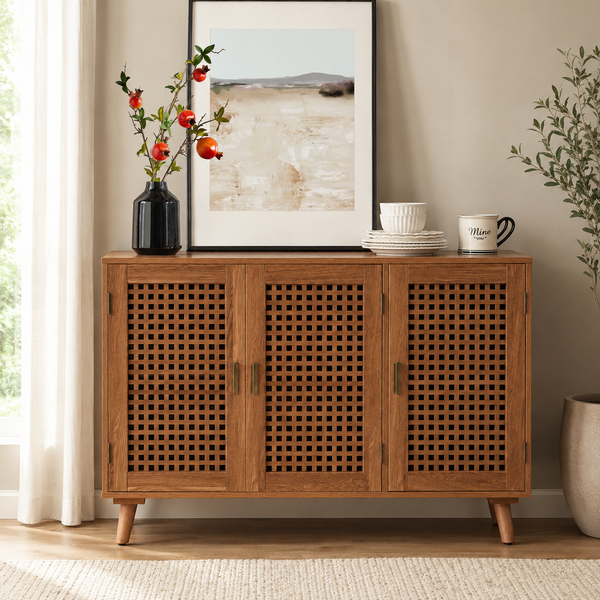 Teak wood cane sideboard cabinet with mid-century modern design
