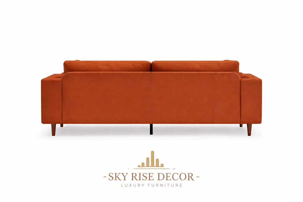 Luxury teak wood 3 seater sofa with velvet fabric upholstery
