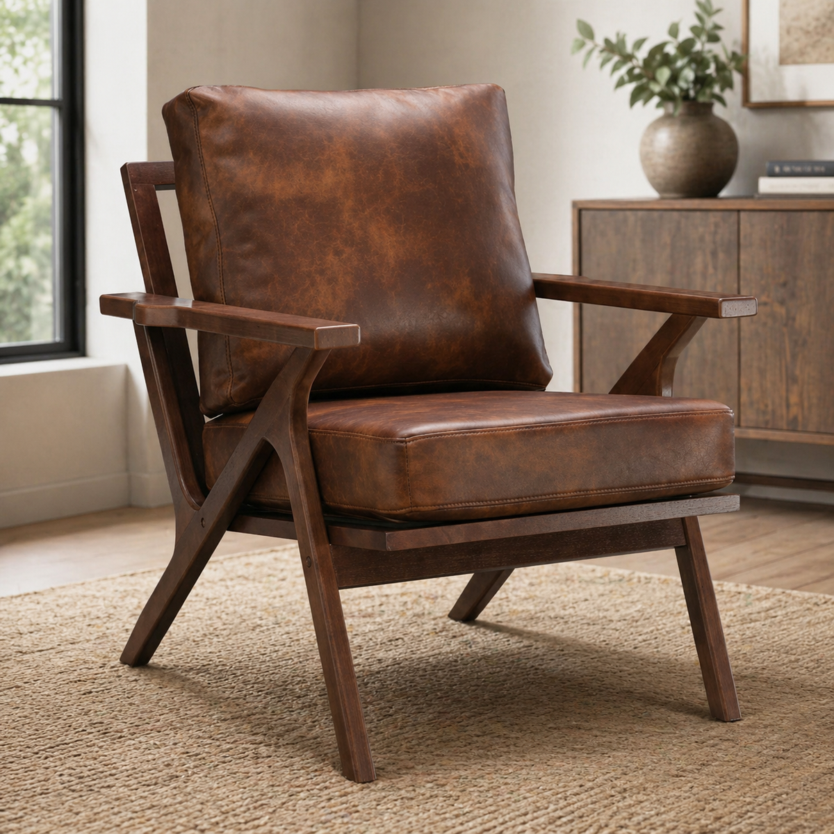 Teak wood accent lounge chair with brown leather cushion