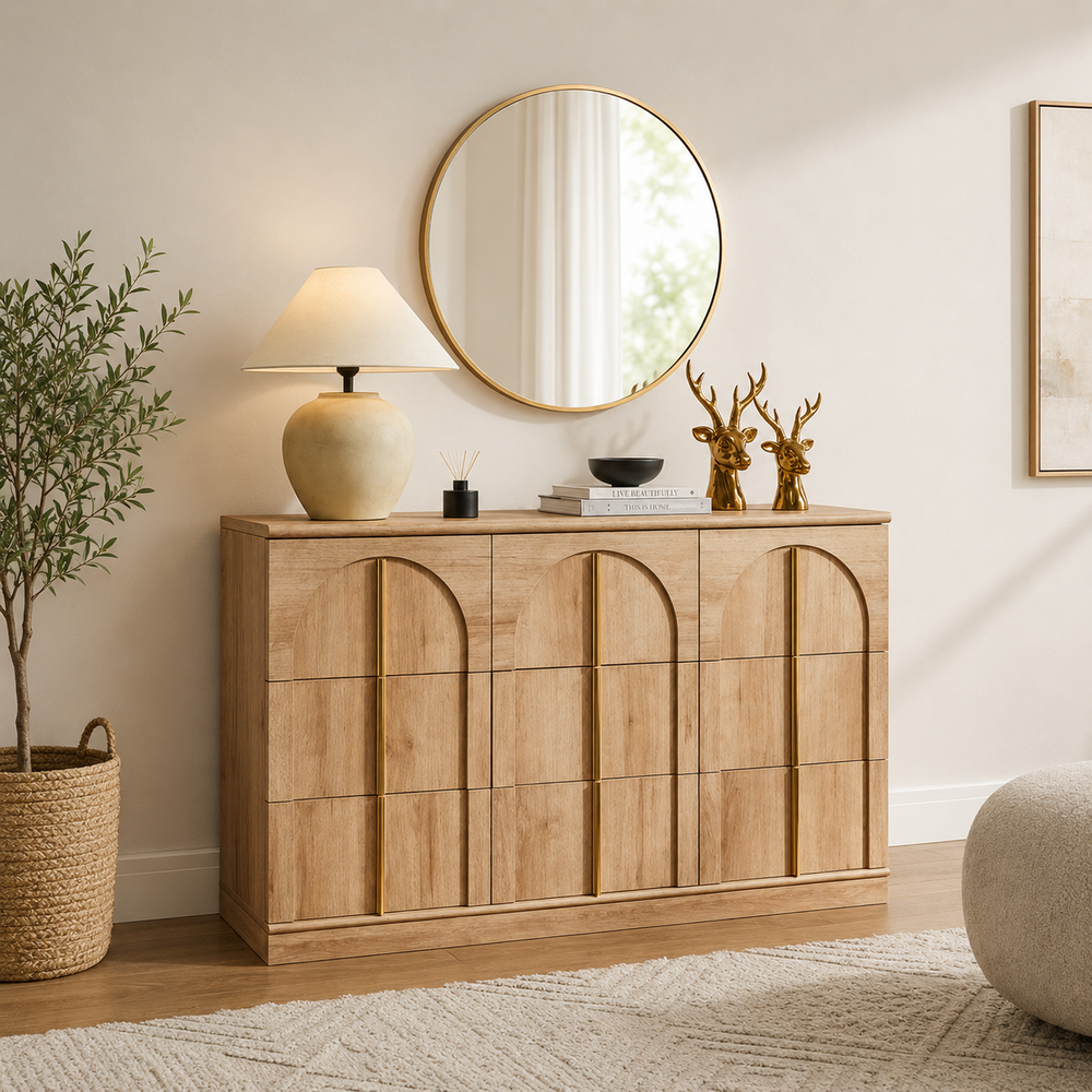 Teak wood modern storage cabinet with arched doors