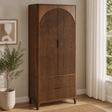 Teak wood arched fluted wardrobe cabinet with drawers