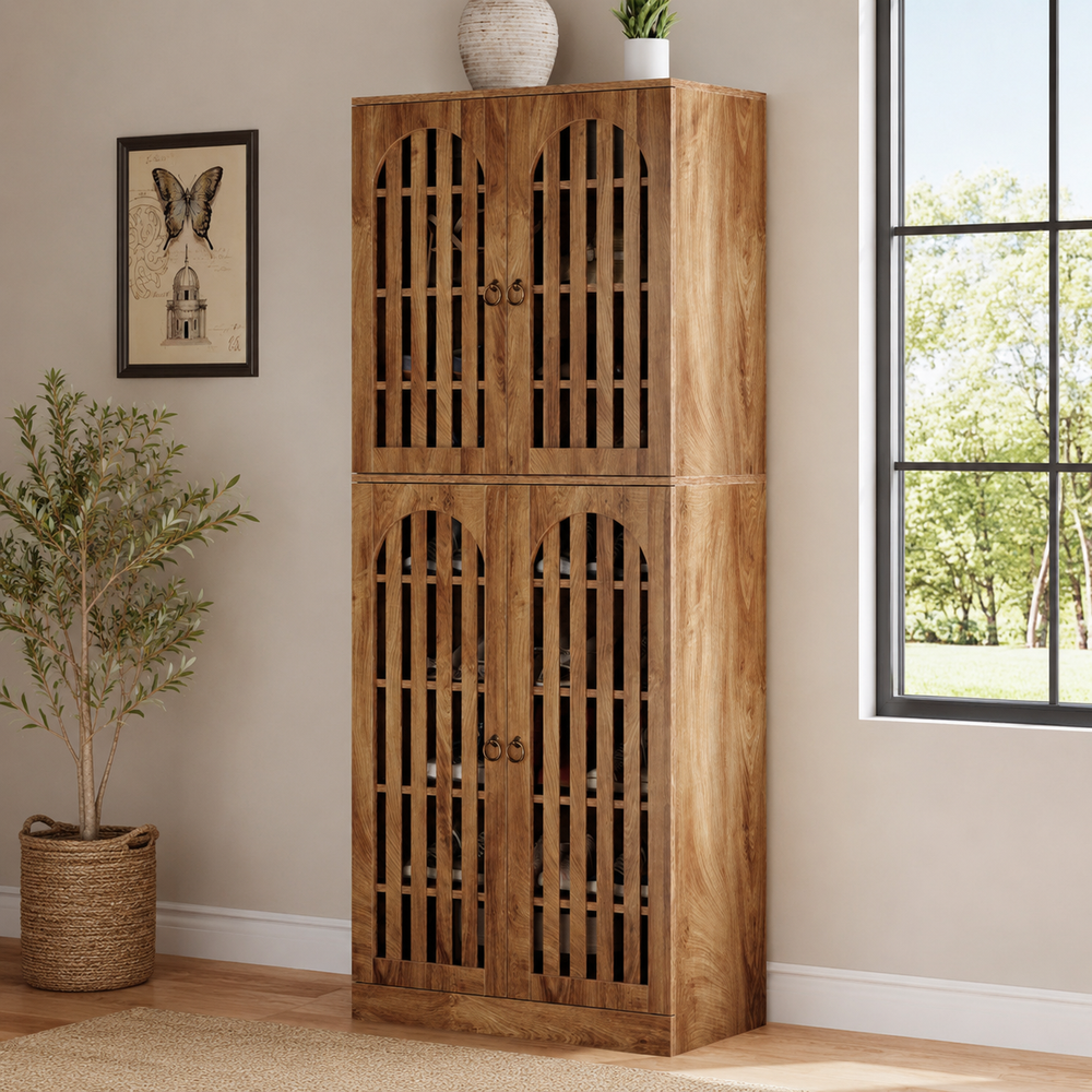 Teak wood arched storage cabinet with four slatted doors