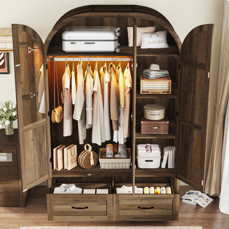 Rustic teak wood storage wardrobe with arched top design