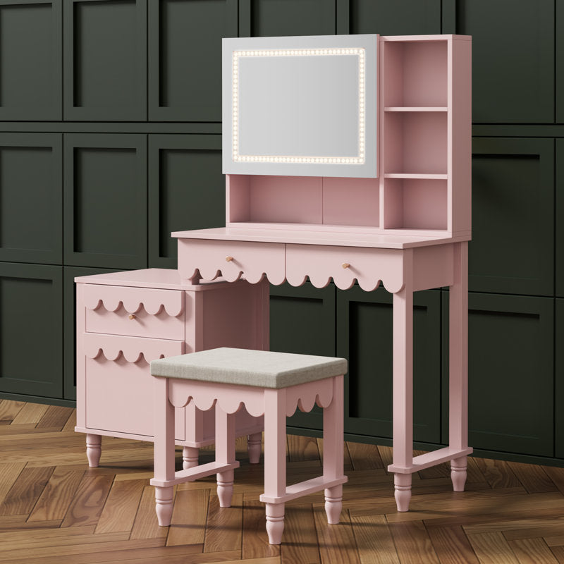 Stylish pink makeup vanity with storage cabinet
