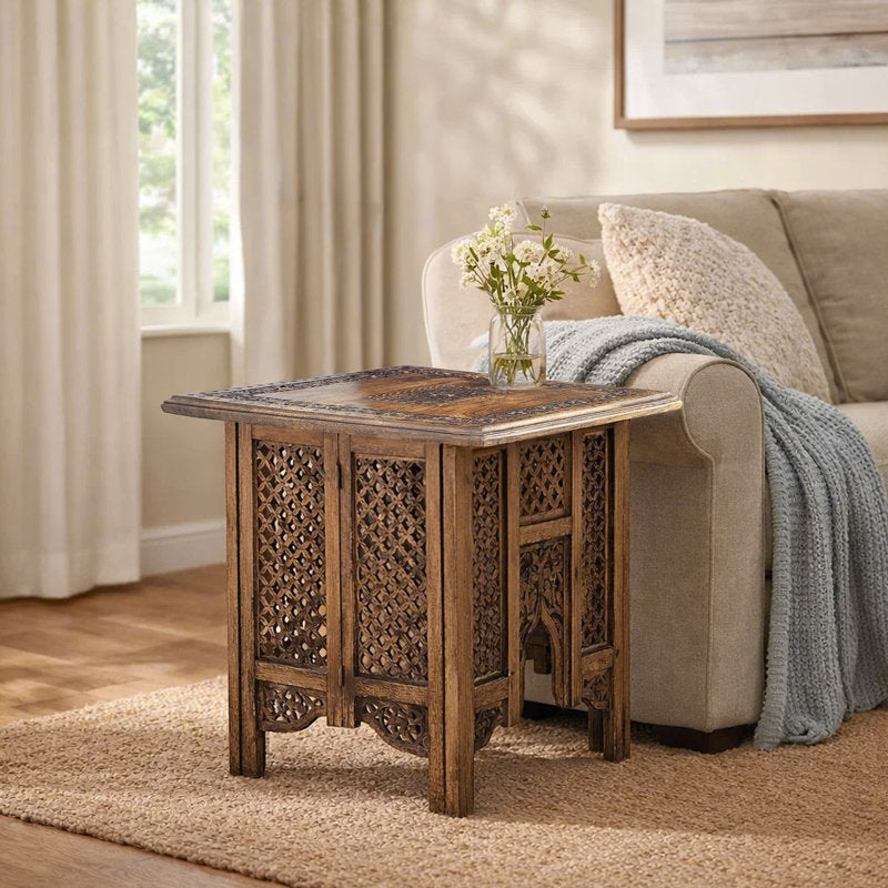 Vintage teak wood accent table with lattice carving