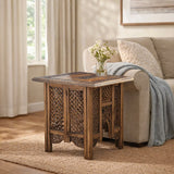 Vintage teak wood accent table with lattice carving