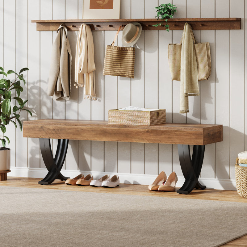 minimalist wooden bench with metal base