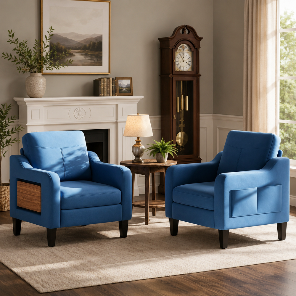 Blue lounge armchair with teak wood panel
