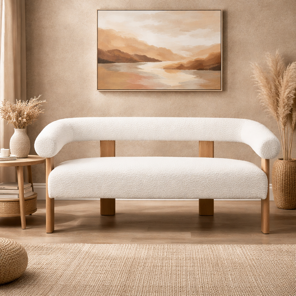 Luxury Teak Wood Bouclé Sofa Set – 2 Seater & 3 Seater Modern Designer Couch