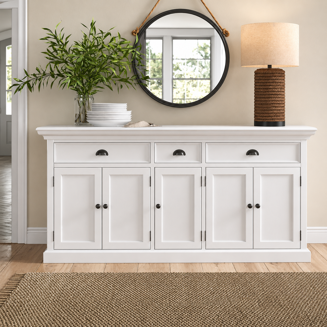White teak wood sideboard cabinet with drawers and storage doors