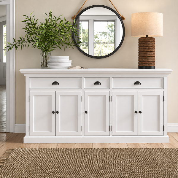 White teak wood sideboard cabinet with drawers and storage doors