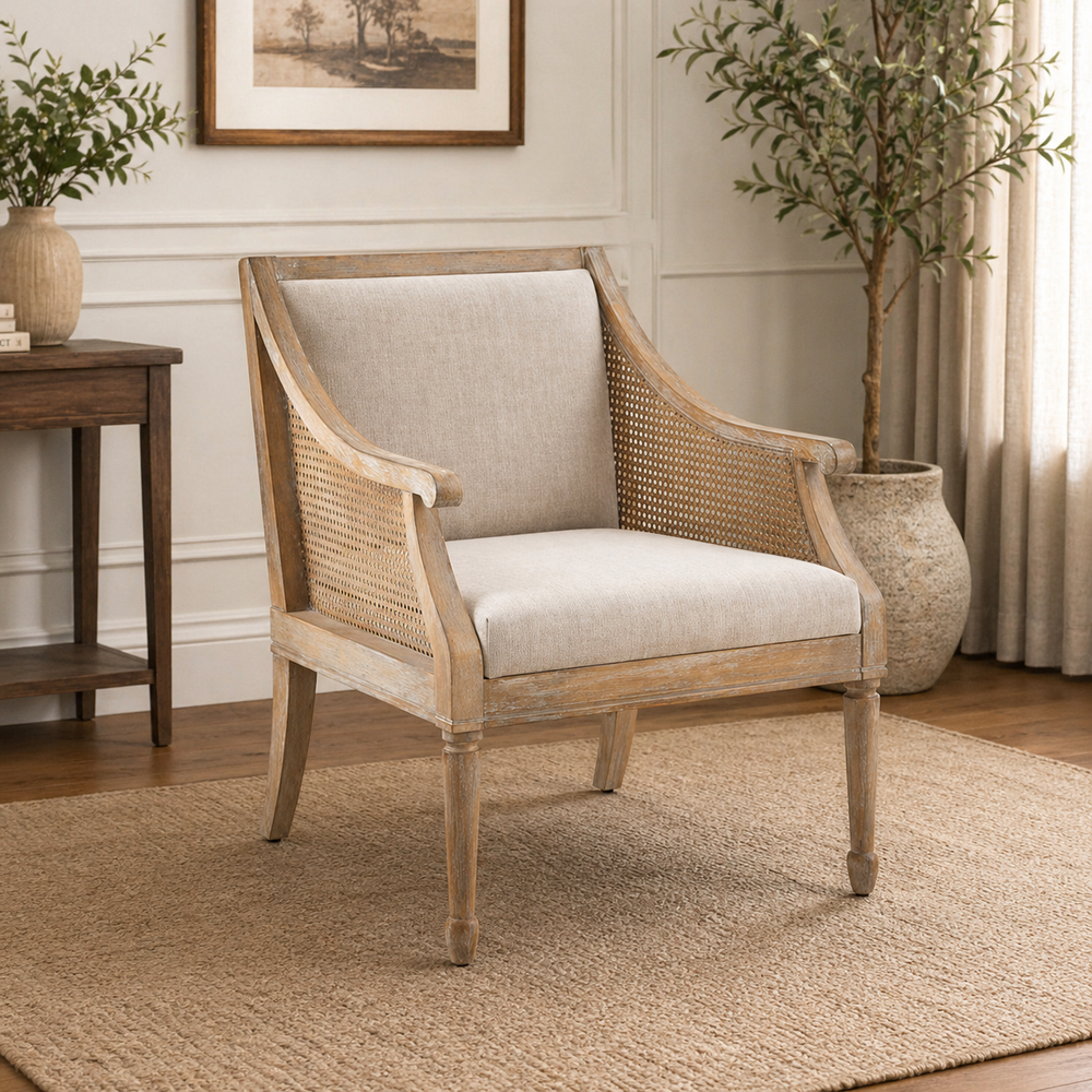 Teak wood cane accent arm chair with upholstered seat