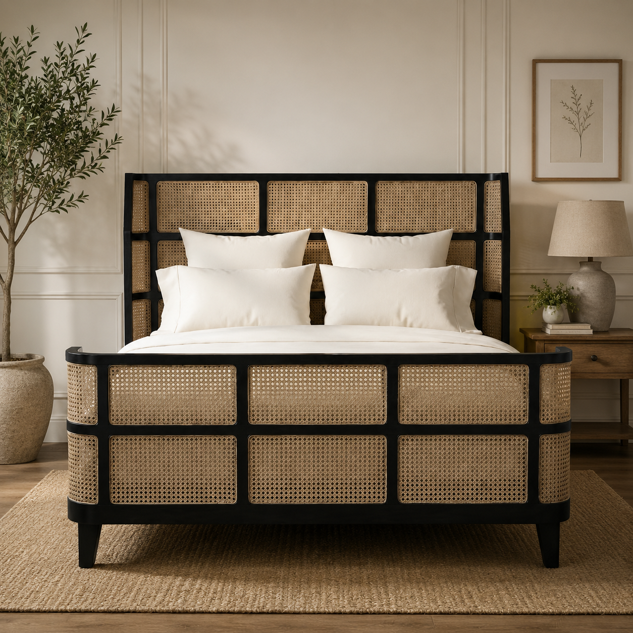 Luxury teak wood cane bed front view