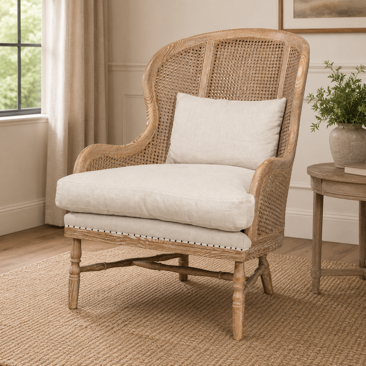 Solid teak wood cane lounge chair with linen cushion