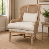 Solid teak wood cane lounge chair with linen cushion