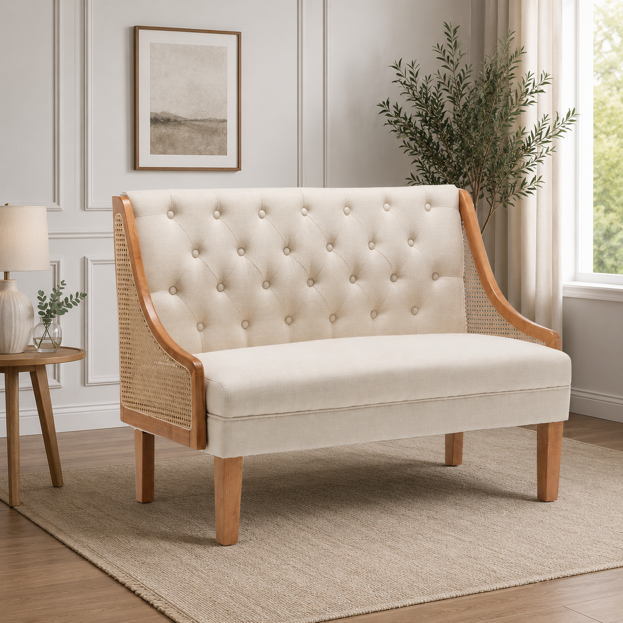 Premium teak wood cane loveseat sofa with tufted upholstered backrest