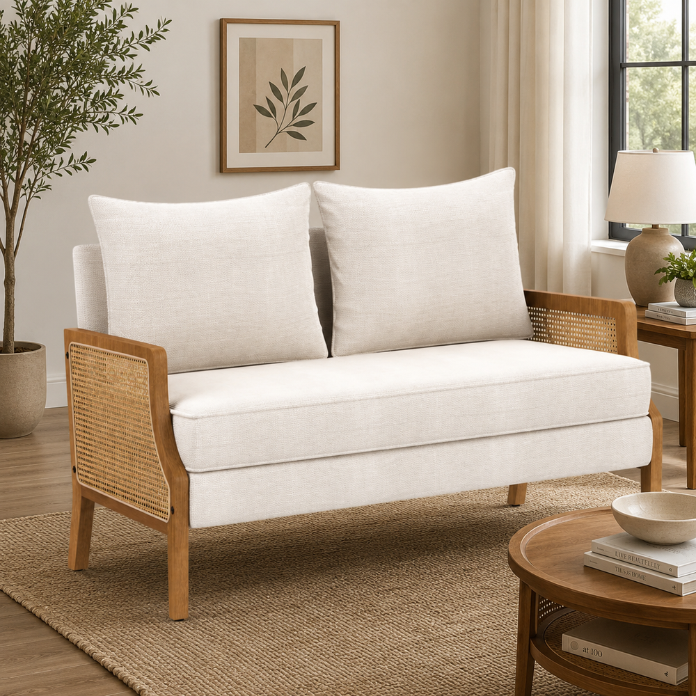 Solid teak wood cane loveseat sofa with beige cushions