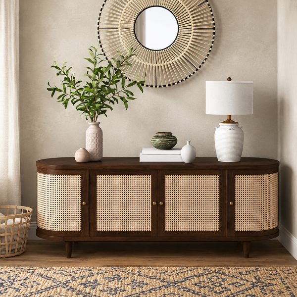 Handcrafted teak wood cane sideboard cabinet with curved design