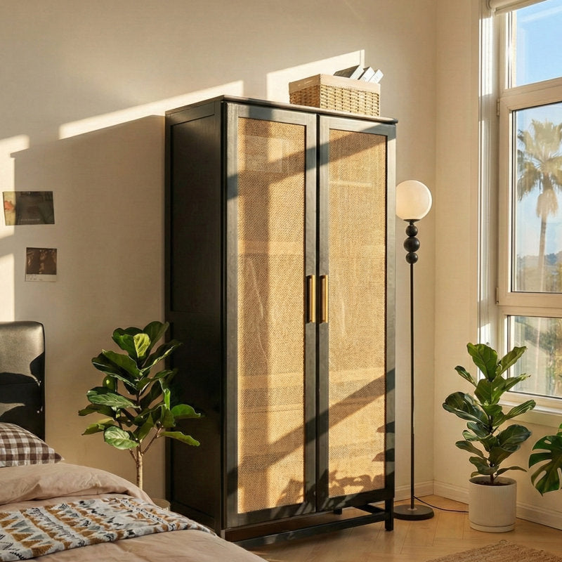 Modern teak wood wardrobe with woven cane doors