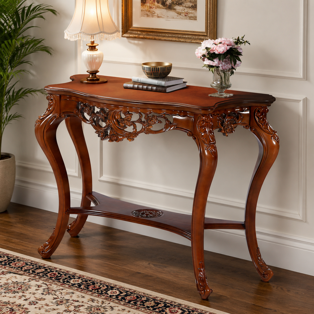 Luxury solid teak wood hallway console table with floral carvings