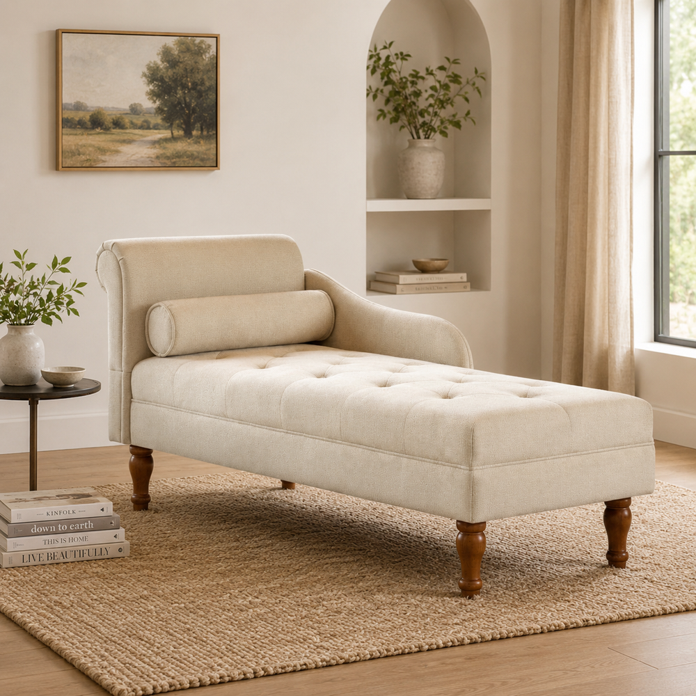 Beige upholstered teak wood chaise lounge