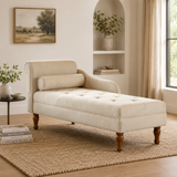 Beige upholstered teak wood chaise lounge